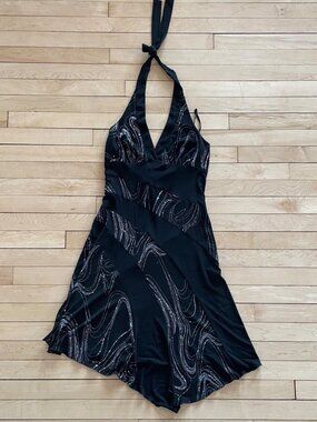 VTG Y2K La Belle Halter Dress Black Glitter Handkerchief Hem L Prom Fairy Goth